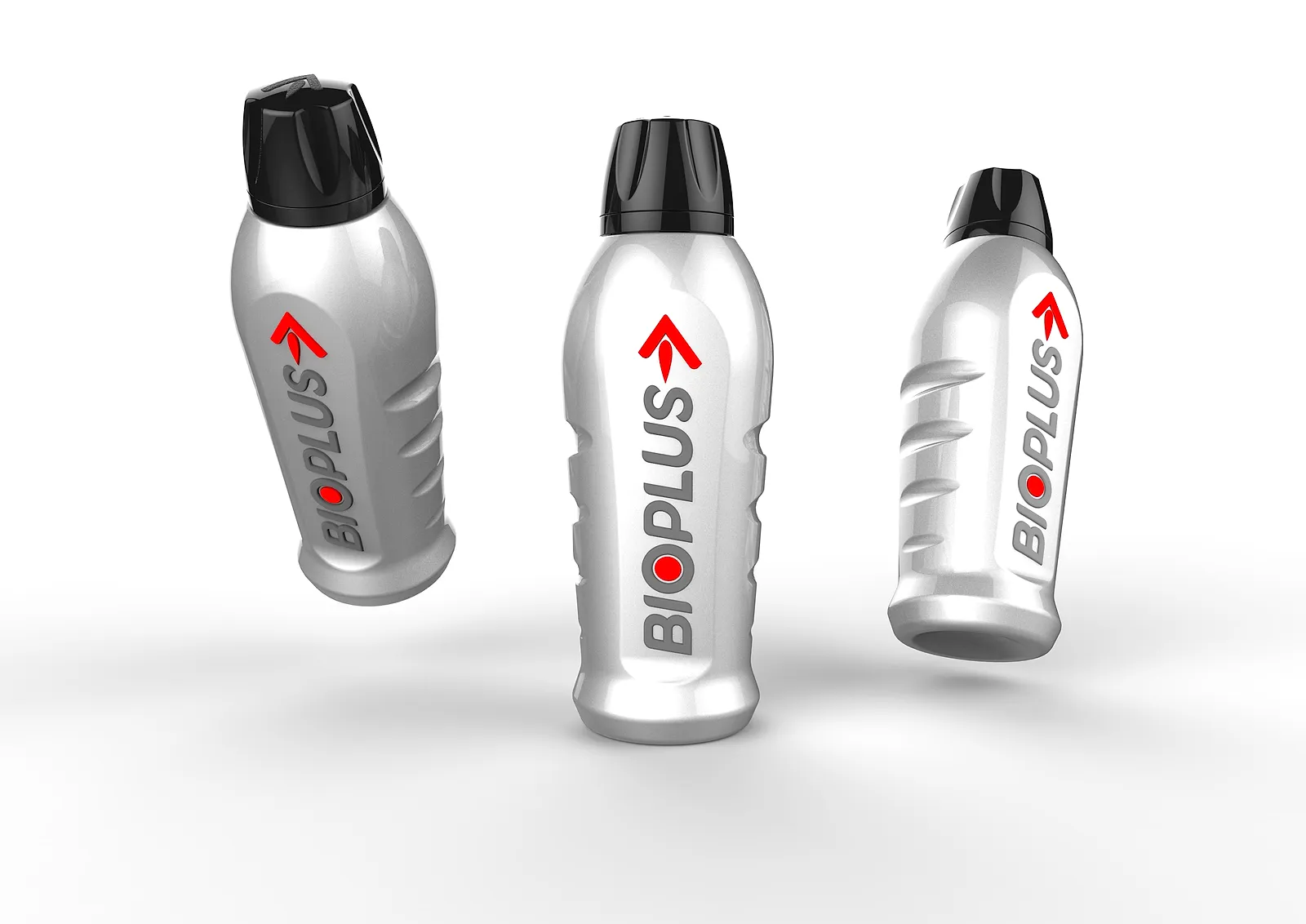 Three silver 100ml syrup bottle renders with black closures and a red Bioplus arrow mark, shown at different angles.