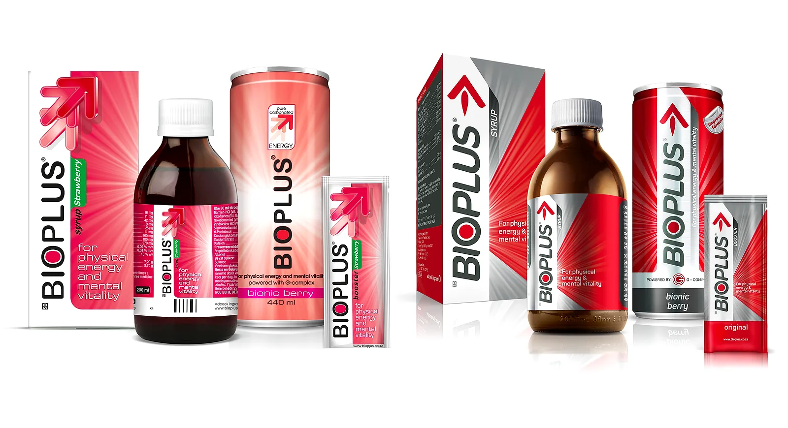 Bioplus before and after: on the left the earlier pink pack, bottle, can and sachet with a pink arrow; on the right the new red and silver syrup carton, amber bottle, bionic berry can and sachet.