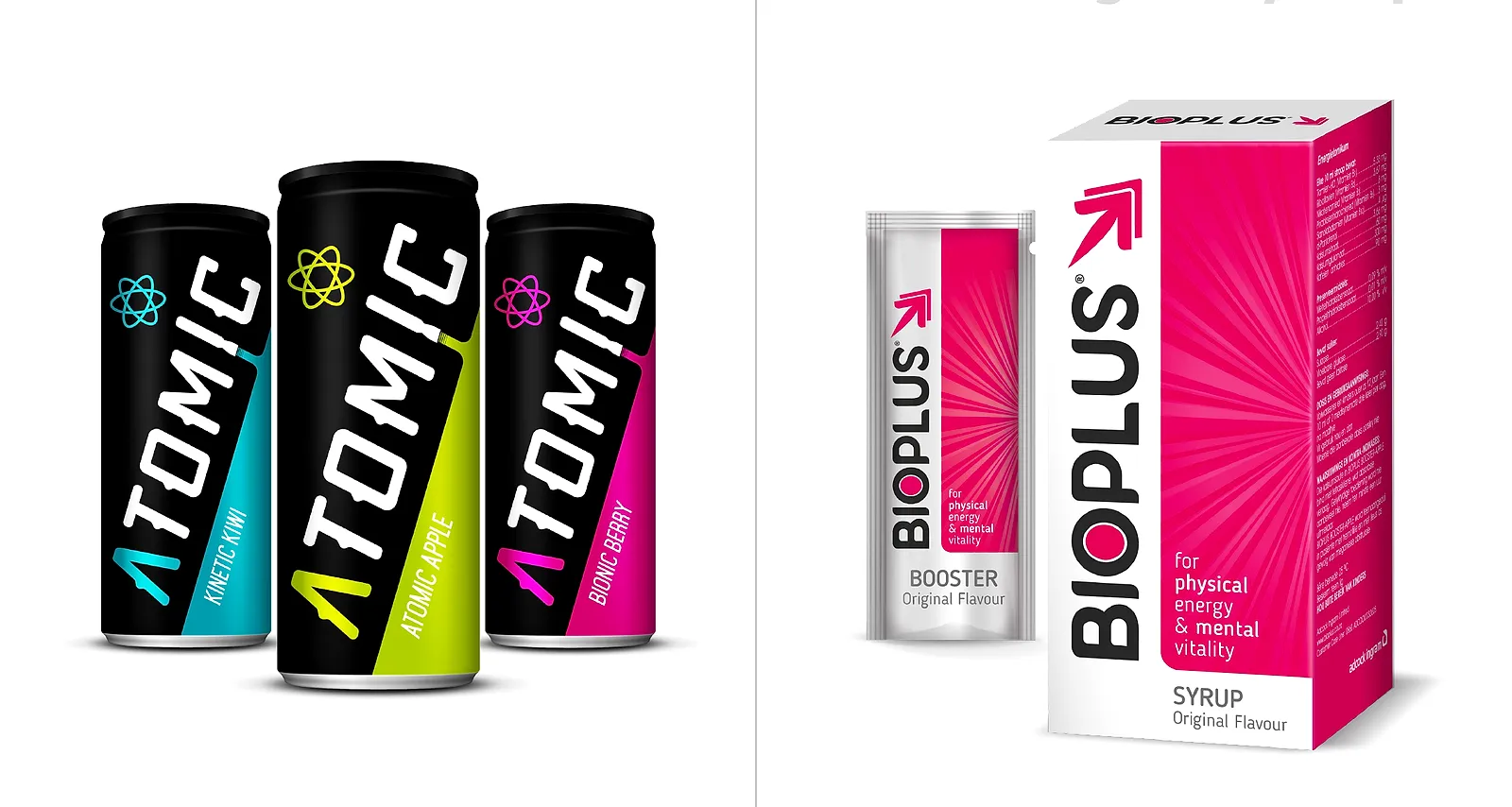 Three black Atomic cans in kinetic kiwi, atomic apple and bionic berry beside the pink Bioplus syrup carton and sachet, from the Play range exploration.
