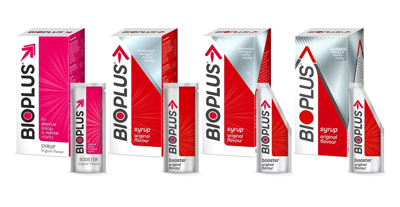 Four Bioplus syrup cartons and sachets in a row, moving step by step from a pink pack with a pink arrow to a red and silver pack with a red arrow.