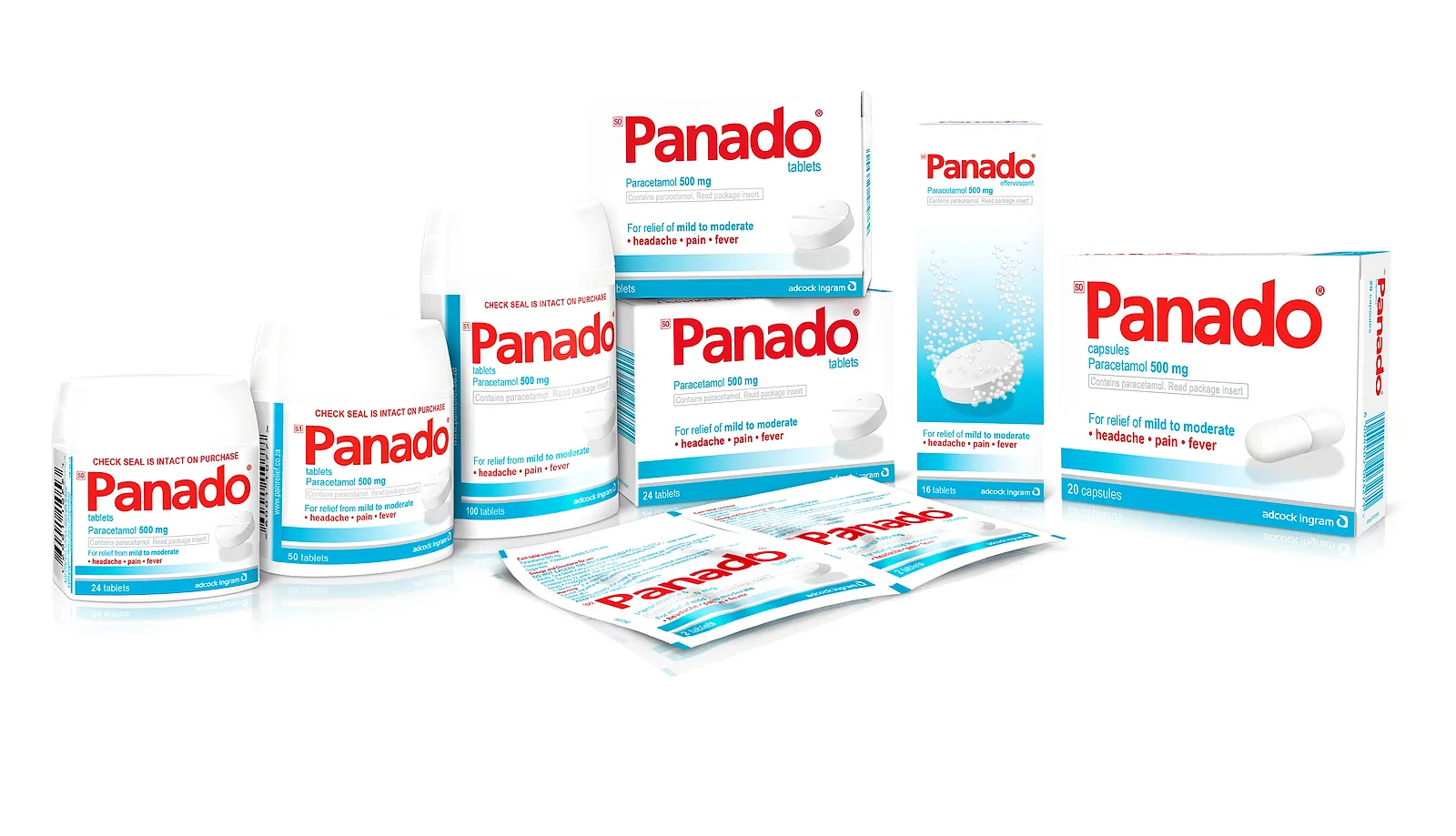 The Panado adult range: tablets, capsules, effervescent, sachets and tubs in the blue and red Panado livery.