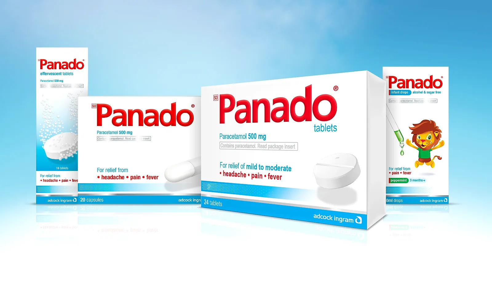 The Panado range on a blue sky: effervescent tablets, capsules, a 24 tablet pack and infant drops with the lion mascot.