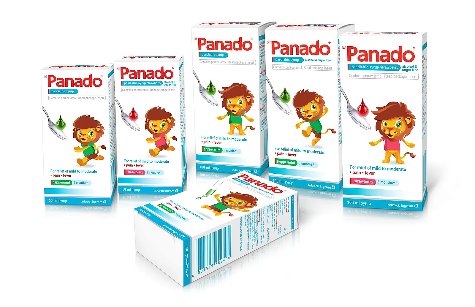 The Panado kids range: paediatric syrups and infant drops with the lion mascot and flavour tags.