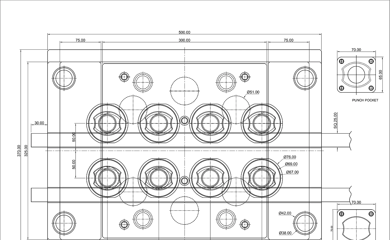 Engineering drawing of an eight-cavity mould plan for a tablet container.