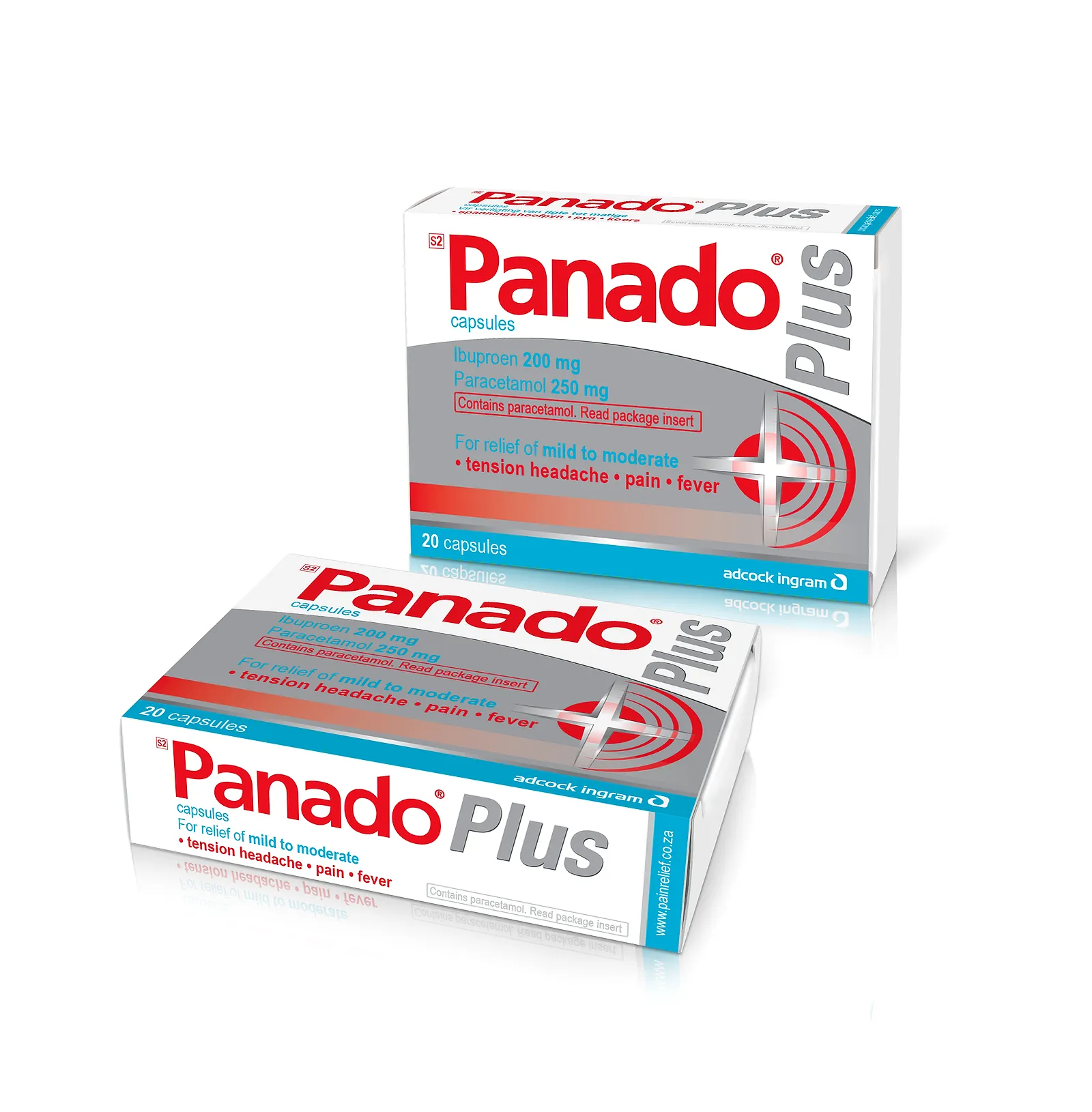 Panado Plus capsule packs, with the target mark graphic and the word Plus in grey.