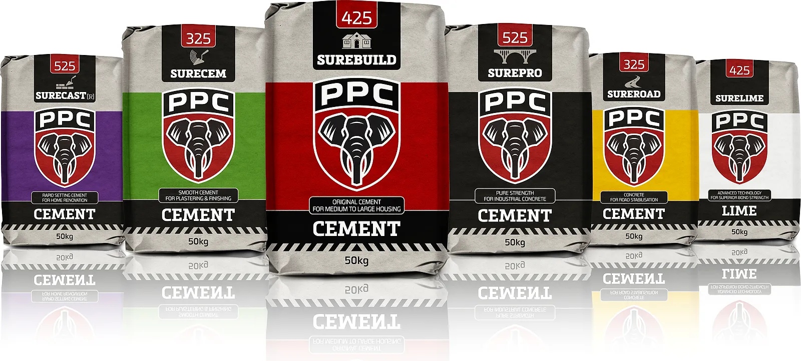 A row of six PPC masterbrand bags in purple, green, red, black, yellow and white colourways, each carrying the PPC shield badge.