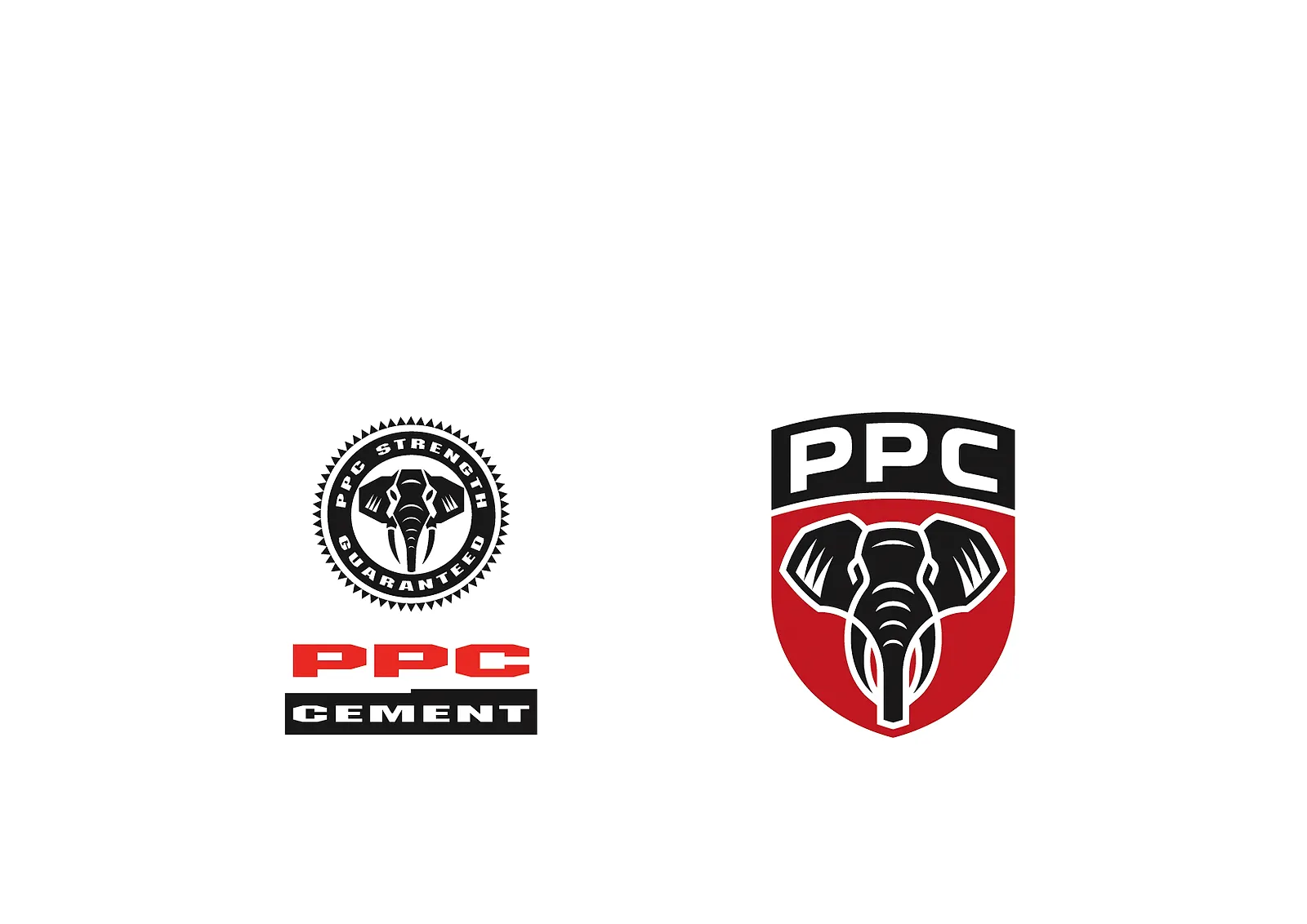 Two PPC logos side by side: the earlier round Strength Guaranteed seal with PPC Cement, and the proposed shield badge.