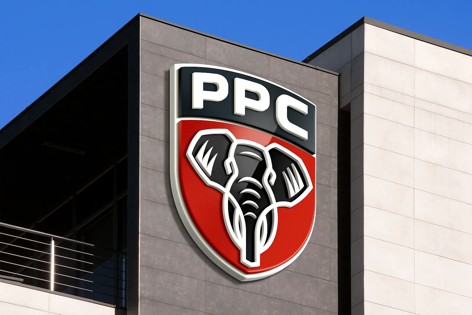The PPC shield badge as a large wall sign on a modern building.