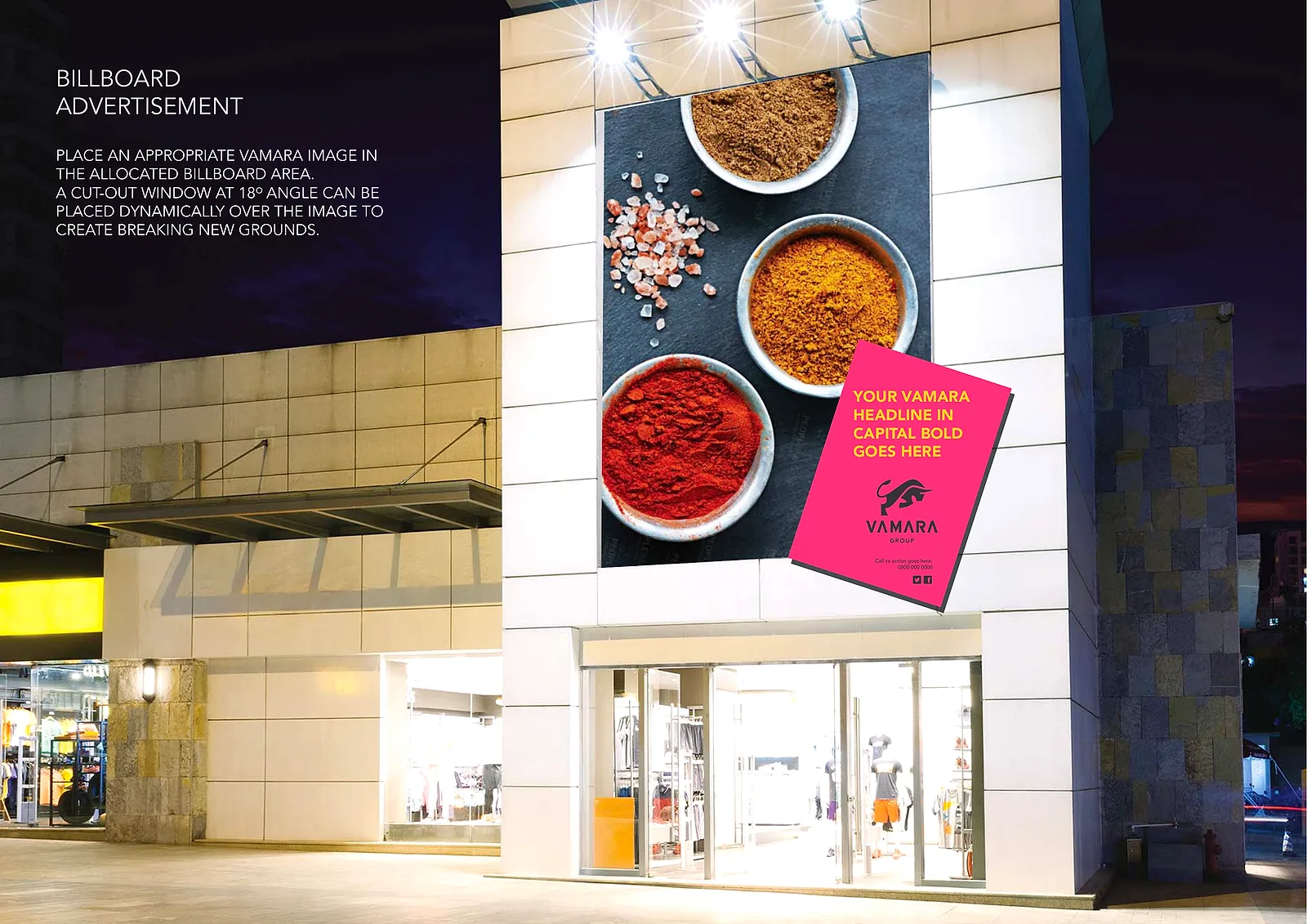 A Vamara billboard on a shopfront at dusk, showing bowls of spices and the Vamara bull mark on a pink poster.