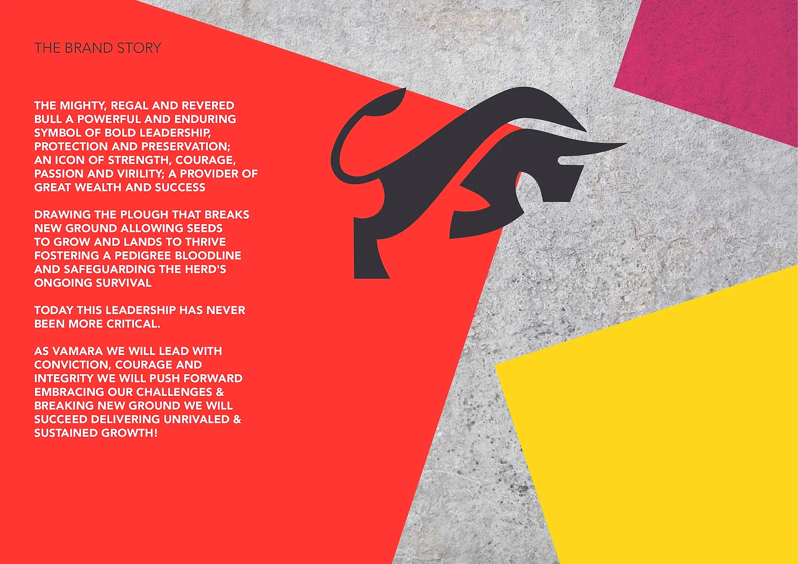 Style guide page on a red field with the Vamara bull and the brand story: the mighty, regal and revered bull.