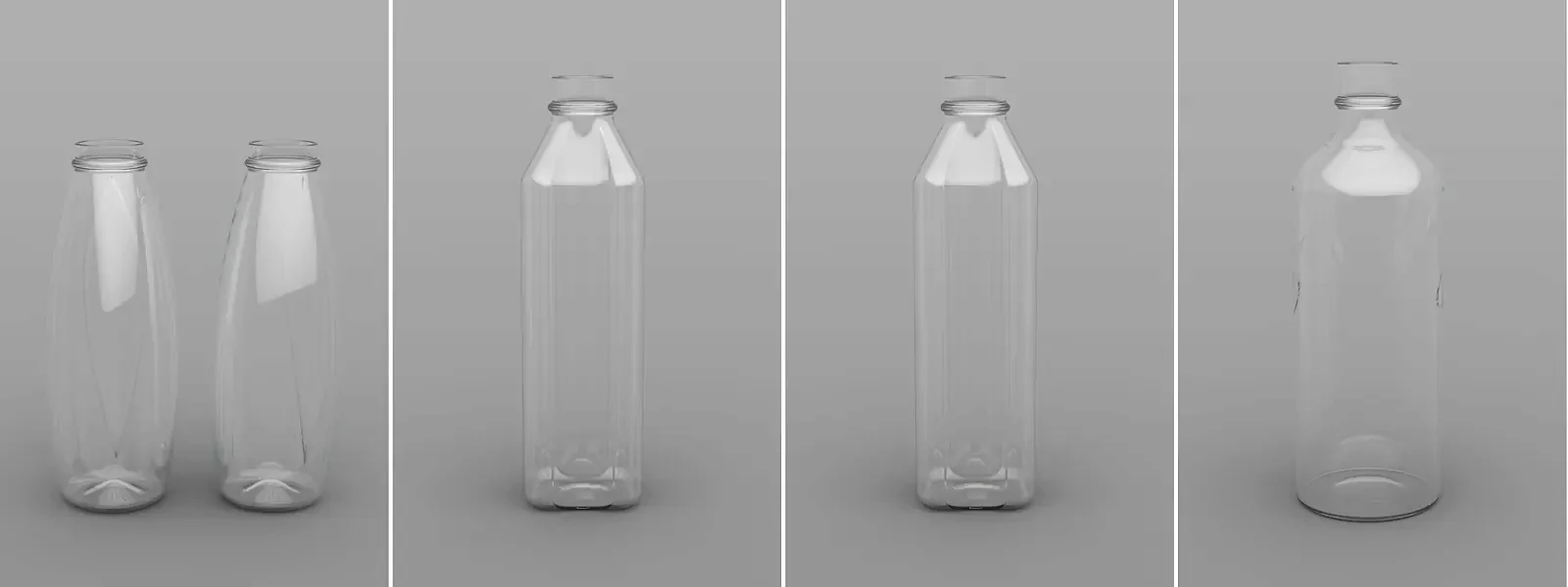 Four clear glass water bottle concept renders on a grey studio background: a pair of curved oval bottles, two square-shouldered bottles and a round bottle with a faint embossed band.