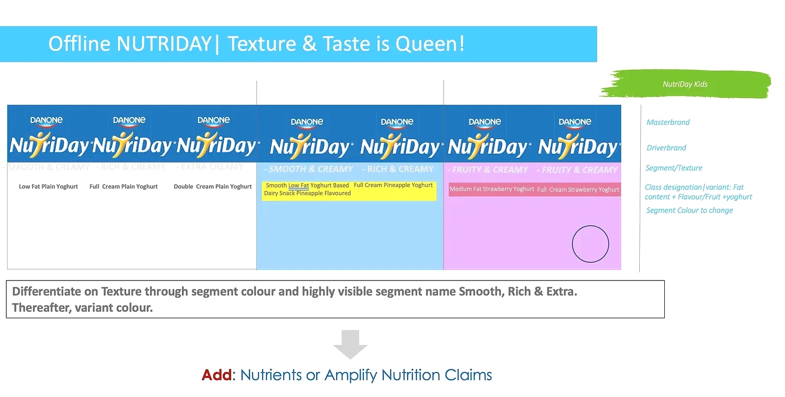 NutriDay strategy slide from Stratcom's Danone work showing a row of NutriDay pack fronts by segment and a note on differentiating through texture, segment colour and segment name.