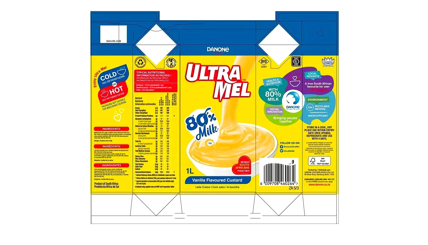 Ultra Mel 1 litre custard carton artwork with front and back of pack mapped out flat.