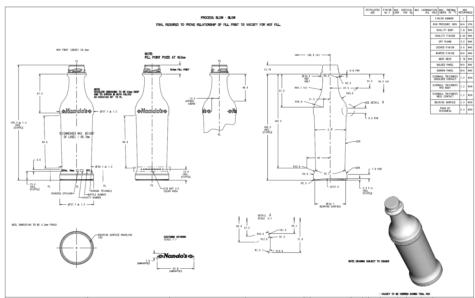 Engineering drawing of the round Nando's Peri-Peri sauce bottle with dimensioned elevation and section, and a 3D render of the bottle.