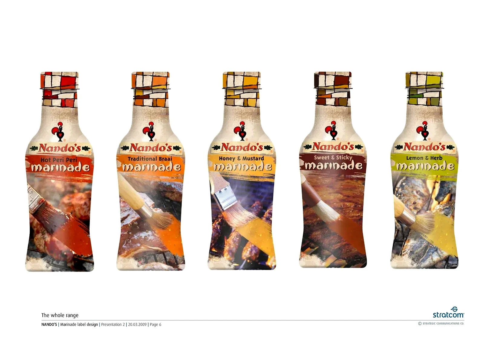 Five Nando's marinade bottles side by side on a Stratcom presentation page, each in a different flavour livery.