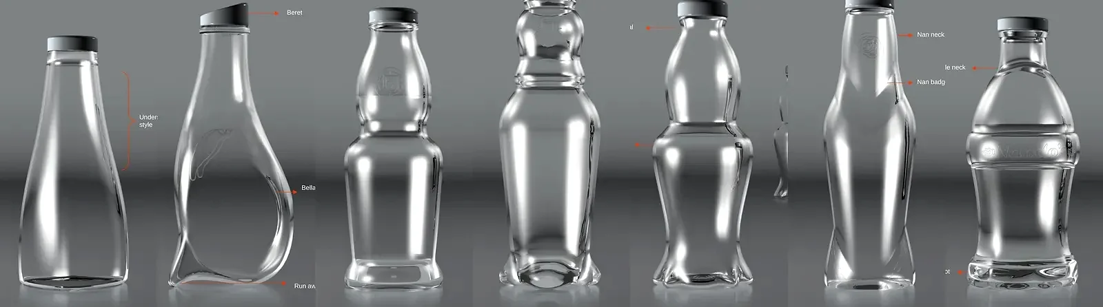 Seven rendered glass bottle shapes side by side on a grey studio floor, from Stratcom's Nando's bottle exploration. Each has a different silhouette, shoulder and foot.