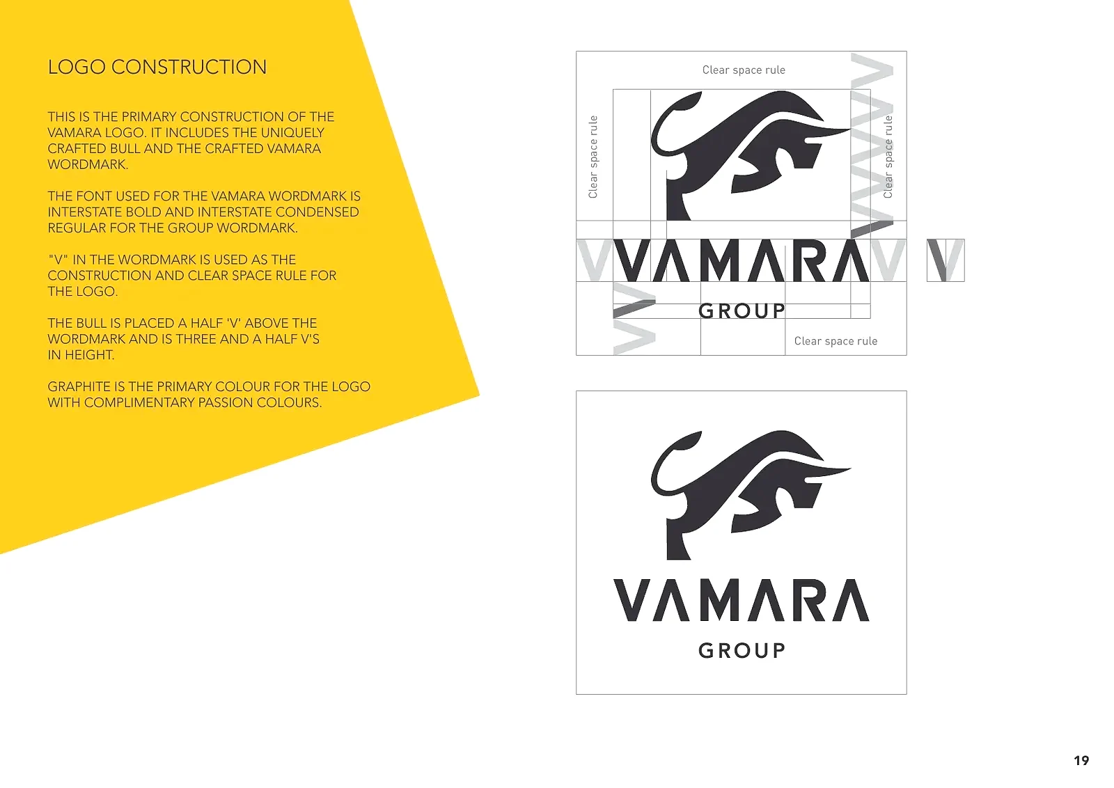 Style guide page showing the construction of the Vamara bull mark and wordmark, in black on white.