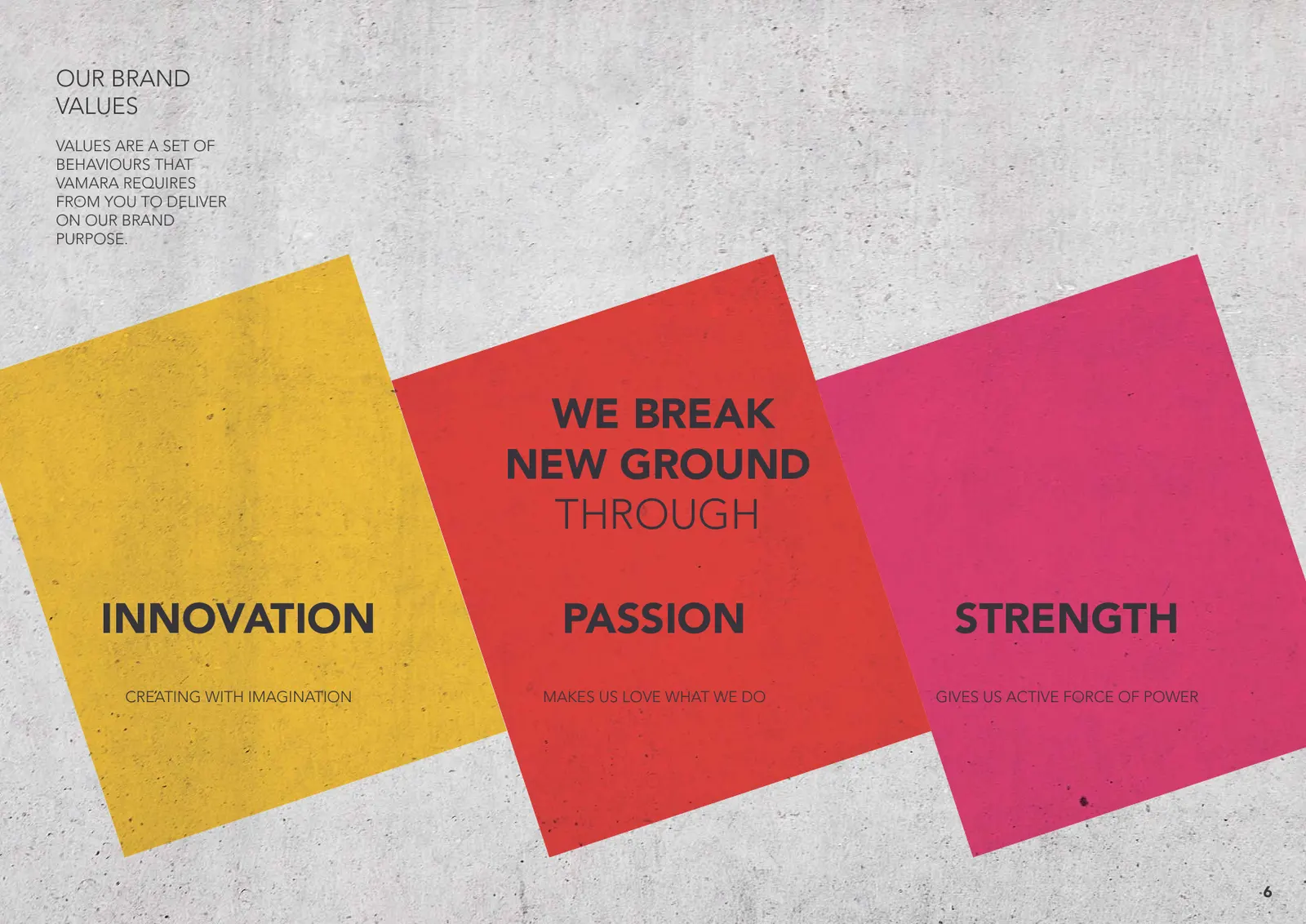 Style guide page with three tilted colour panels reading Innovation, Passion and Strength under the line We break new ground through.